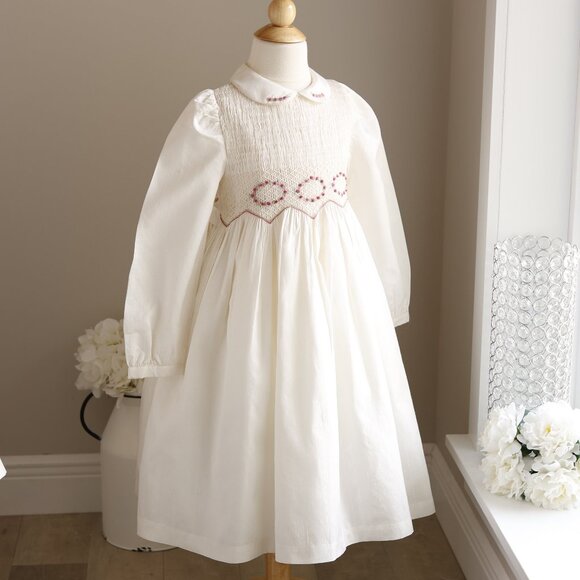 Ivory Smocked Dupioni Silk Dress RARE Long Sleeve Hand Embroidery Boutique NWT